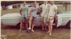 John Woodside, Bruce McCall, Mike Quearry, and Skip Evans in Granny&rsquo;s back yard in Flippin, Arkansas.
